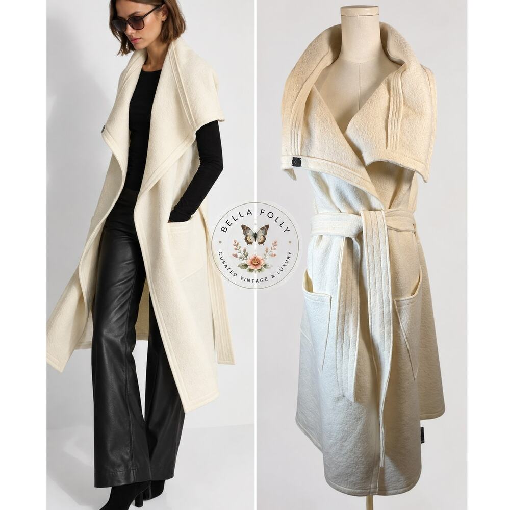 NWT Marcella NYC Erica Cream Italian Virgin Wool Belted Long Vest Medium Ivory